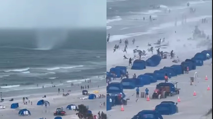 EN VIDEO | Tromba marina causó pánico en playa de Florida, varias carpas salieron volando por los fuertes vientos
